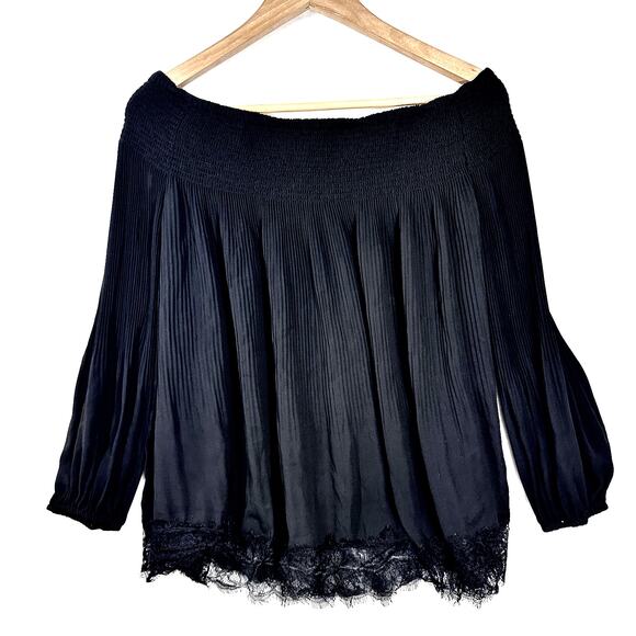 Chelsea28 Medium Black Smocked Lace Top Balloon Sleeve Pleated‎ Formal Sexy Goth - Picture 1 of 10